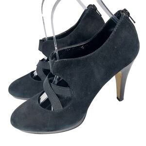FRANCO SARTO! BLACK GENUINE SUEDE LEATHER CRISS-CROSS ELASTIC HEELS! SZ 7.5M